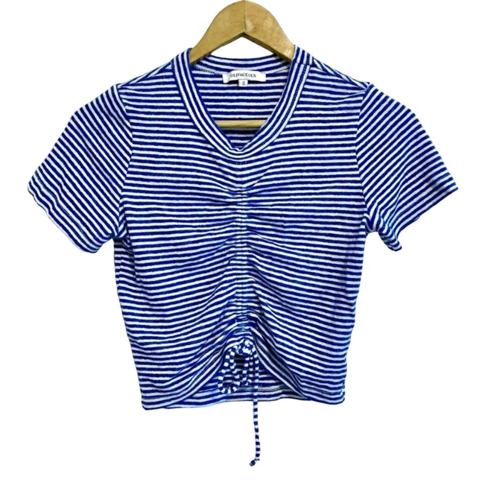 Olivaceous Blue and White Striped Short Sleeve Cinched Crop Top